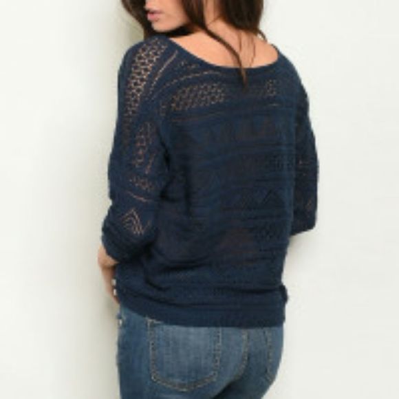 Women's V Neck 3/4 Sleeve Crochet Light Knit Top - Picture 2 of 4